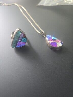 Dichroic Glass Teardrop Necklace and Ring Set - Purple & Blue